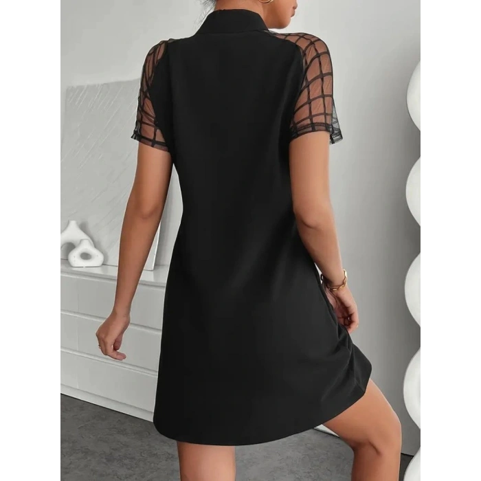 MARSiLYAN- Kadın Kısa Kollu Boyundan Bağlamalı Omuzlarda Tül Detaylı Janjan Krep Elbise