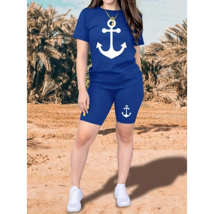 MARSiLYAN- Kadın Kısa Kollu çapa Baskılı Viskon Ikili Takım