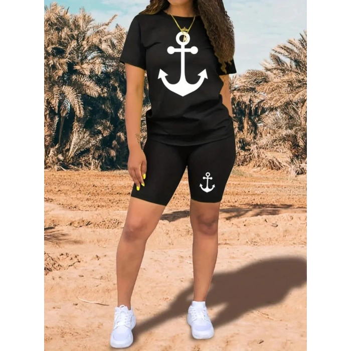 MARSiLYAN- Kadın Kısa Kollu çapa Baskılı Viskon Ikili Takım