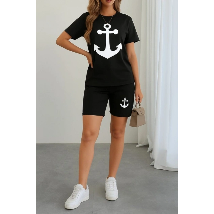 MARSiLYAN- Kadın Kısa Kollu çapa Baskılı Viskon Ikili Takım