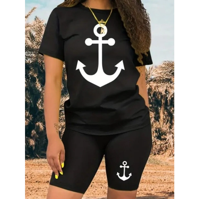 MARSiLYAN- Kadın Kısa Kollu çapa Baskılı Viskon Ikili Takım