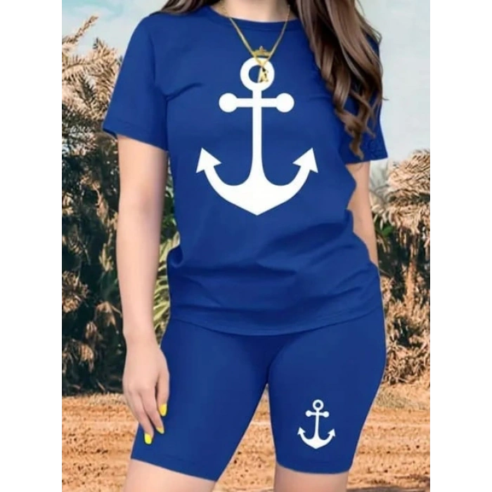 MARSiLYAN- Kadın Kısa Kollu çapa Baskılı Viskon Ikili Takım