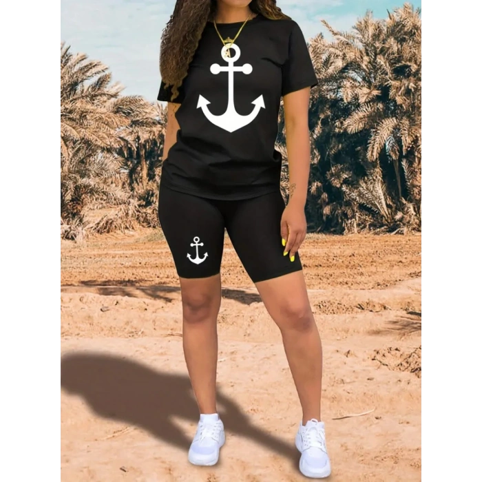 MARSiLYAN- Kadın Kısa Kollu çapa Baskılı Viskon Ikili Takım