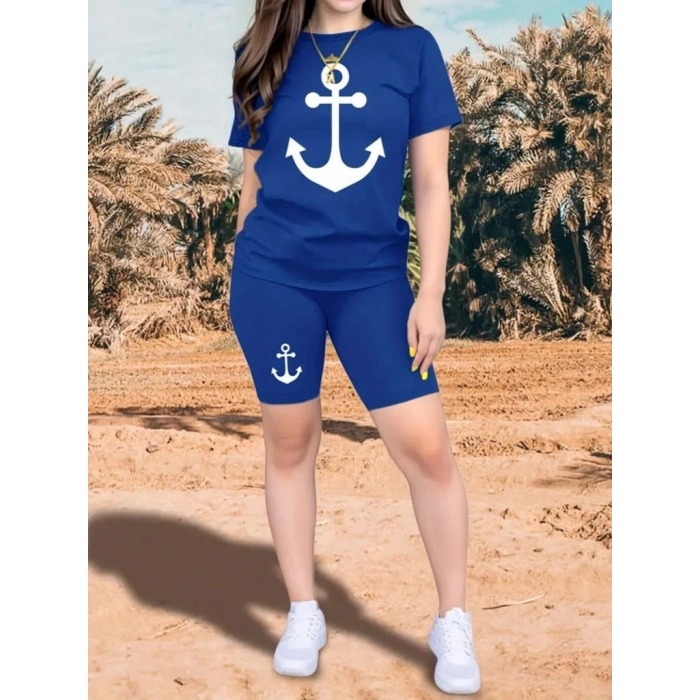 MARSiLYAN- Kadın Kısa Kollu çapa Baskılı Viskon Ikili Takım