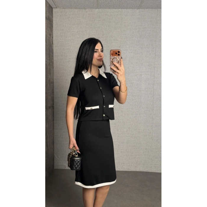 MARSiLYAN- Kadın Kısa Kollu Cep Ve Düğme Detay Ceket Ve Diz üstü Etek Ikili Takım