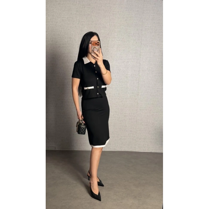 MARSiLYAN- Kadın Kısa Kollu Cep Ve Düğme Detay Ceket Ve Diz üstü Etek Ikili Takım