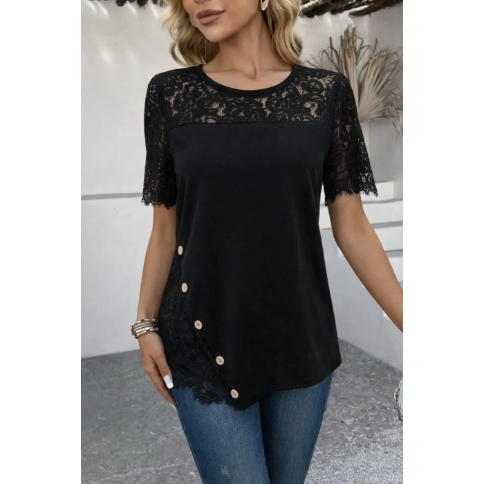 MARSiLYAN- Kadın Kısa Kollu Dantel Detaylı Yandan Düğmeli Waffle Bluz