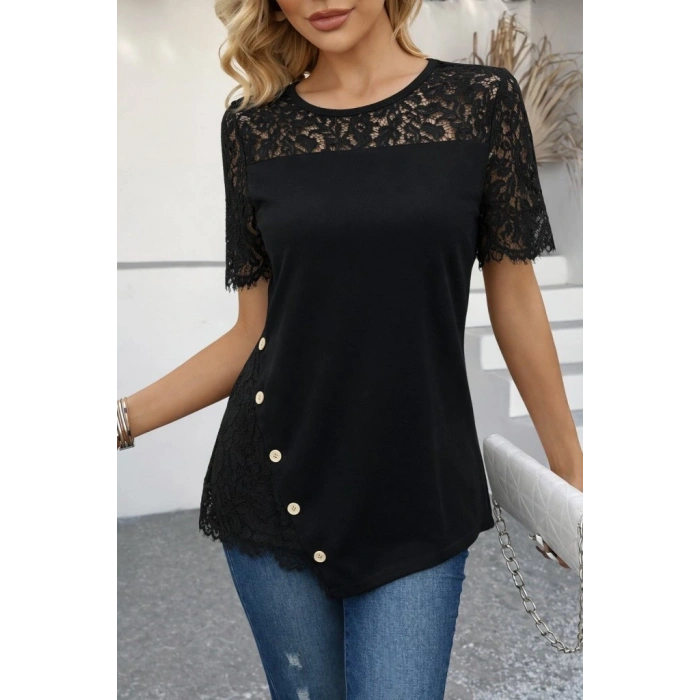 MARSiLYAN- Kadın Kısa Kollu Dantel Detaylı Yandan Düğmeli Waffle Bluz