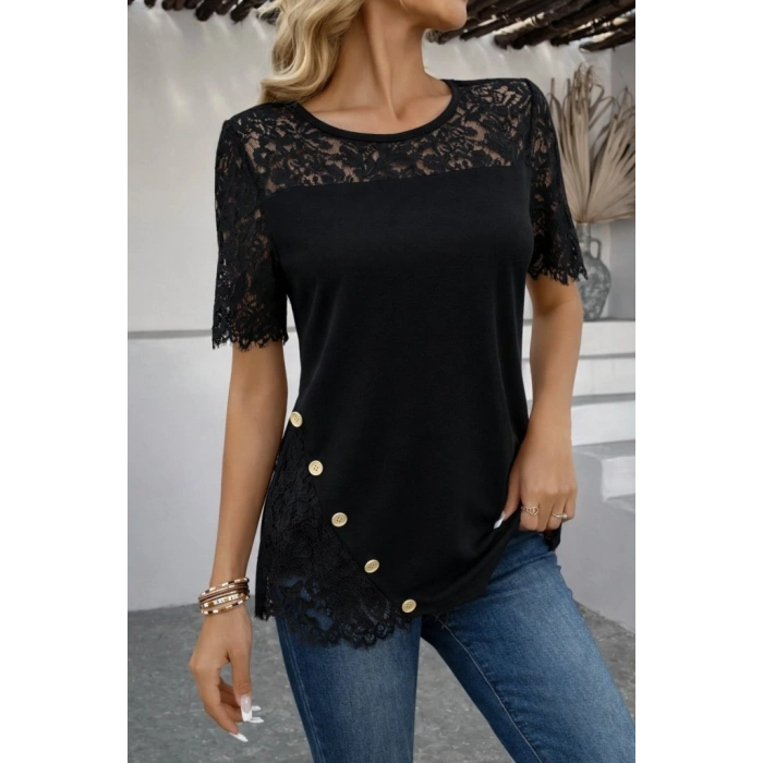 MARSiLYAN- Kadın Kısa Kollu Dantel Detaylı Yandan Düğmeli Waffle Bluz