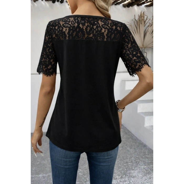 MARSiLYAN- Kadın Kısa Kollu Dantel Detaylı Yandan Düğmeli Waffle Bluz