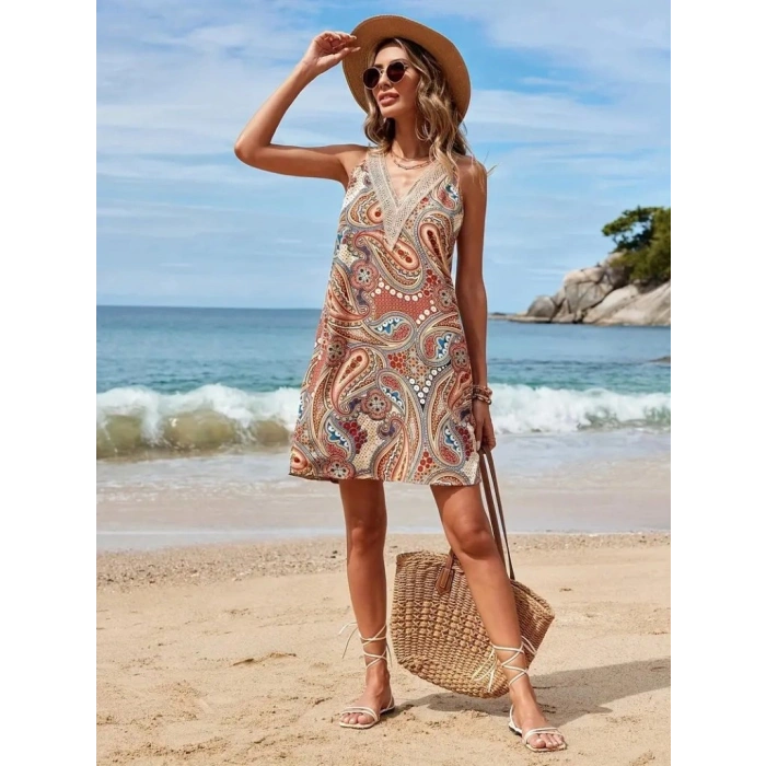 MARSiLYAN- Kadın Kısa Kollu Dantel V Yakalı Desenli Süprem Elbise