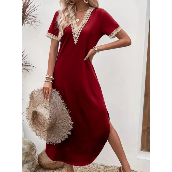 MARSiLYAN- Kadın Kısa Kollu Dantel V Yakalı Uzun Viskon Elbise