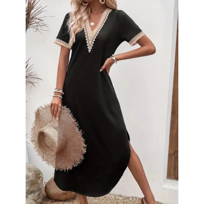 MARSiLYAN- Kadın Kısa Kollu Dantel V Yakalı Uzun Viskon Elbise