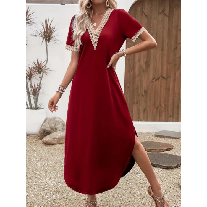 MARSiLYAN- Kadın Kısa Kollu Dantel V Yakalı Uzun Viskon Elbise