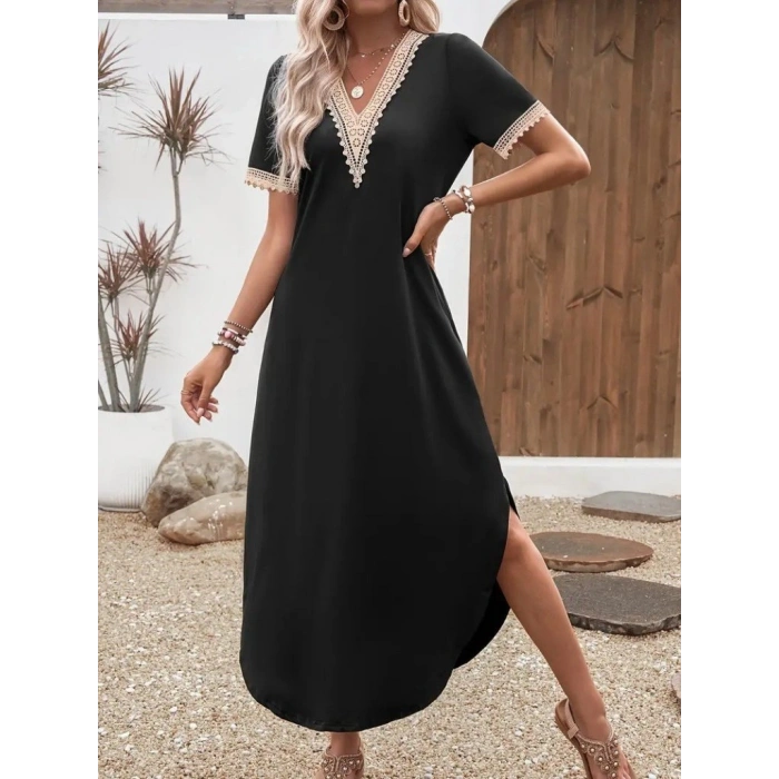 MARSiLYAN- Kadın Kısa Kollu Dantel V Yakalı Uzun Viskon Elbise