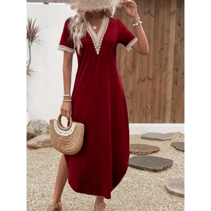 MARSiLYAN- Kadın Kısa Kollu Dantel V Yakalı Uzun Viskon Elbise