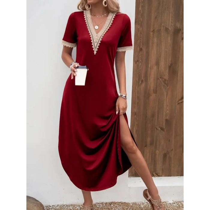 MARSiLYAN- Kadın Kısa Kollu Dantel V Yakalı Uzun Viskon Elbise