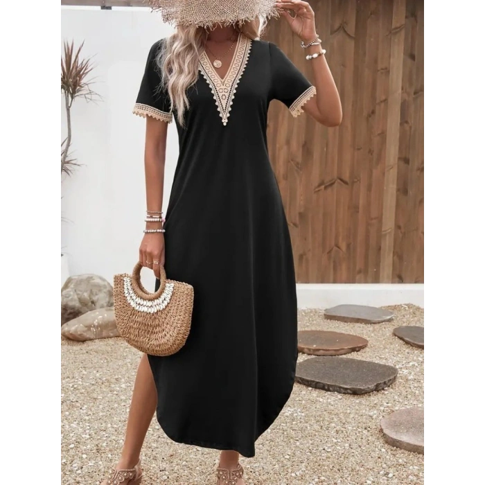 MARSiLYAN- Kadın Kısa Kollu Dantel V Yakalı Uzun Viskon Elbise