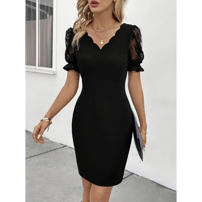 MARSiLYAN- Kadın Kısa Kollu Dantelli V Yakalı Yanlardan Büzgülü çapraz Detaylı Ithal Krep Elbise