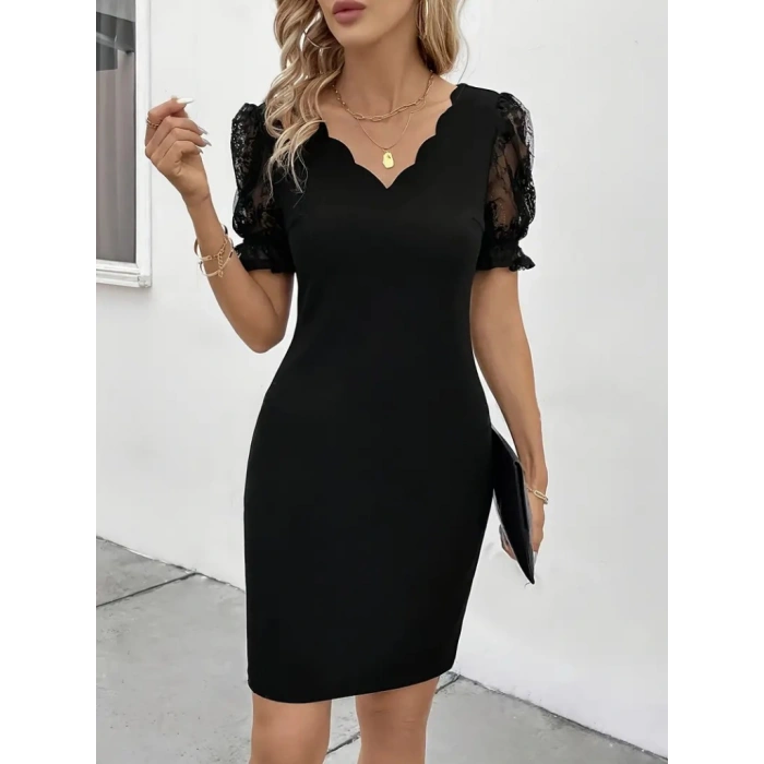 MARSiLYAN- Kadın Kısa Kollu Dantelli V Yakalı Yanlardan Büzgülü çapraz Detaylı Ithal Krep Elbise