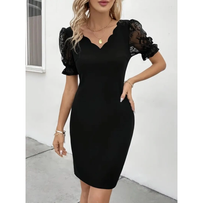 MARSiLYAN- Kadın Kısa Kollu Dantelli V Yakalı Yanlardan Büzgülü çapraz Detaylı Ithal Krep Elbise