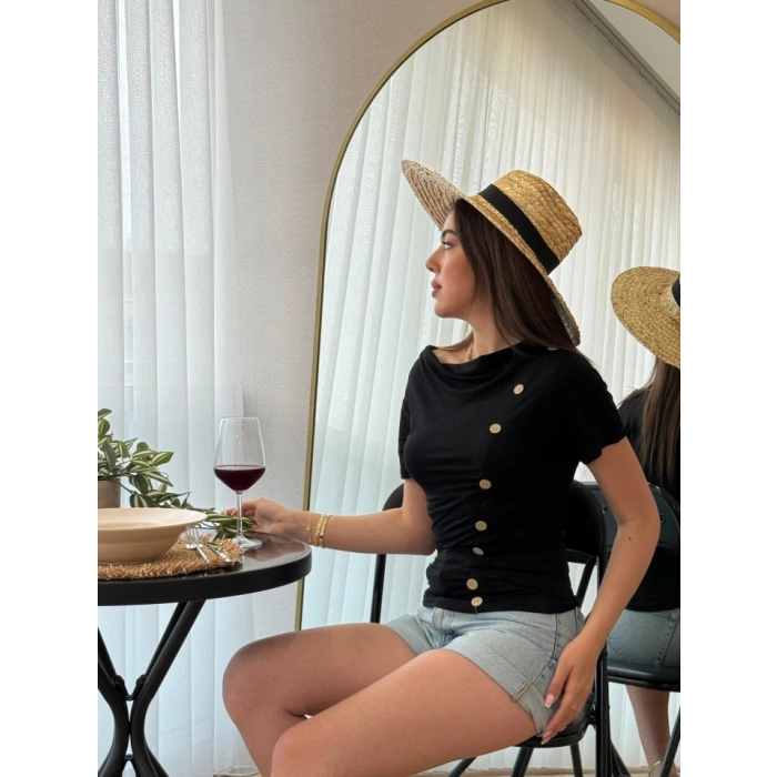 MARSiLYAN- Kadın Kısa Kollu Degaje Yaka Düğme Detay Viskon Bluz