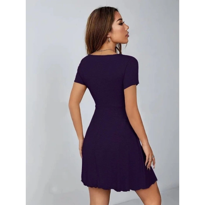 MARSiLYAN- Kadın Kısa Kollu Derin Büzgülü V Yakalı Viskon Elbise