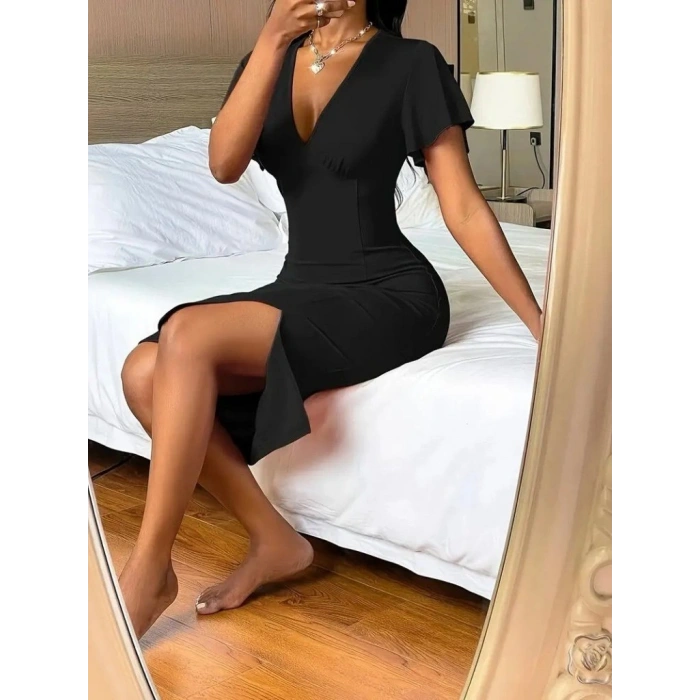 MARSiLYAN- Kadın Kısa Kollu Derin Dekolte V Yakalı Yırtmaçlı Midi Janjan Krep Elbise