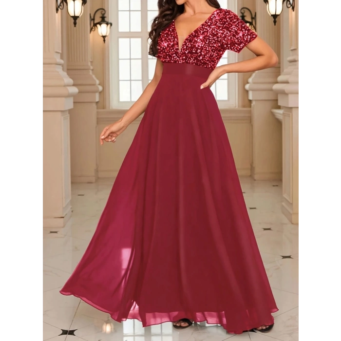MARSiLYAN- Kadın Kısa Kollu Derin V Yakalı A Kesim Pulpayet Detaylı şifon Nedime Elbisesi