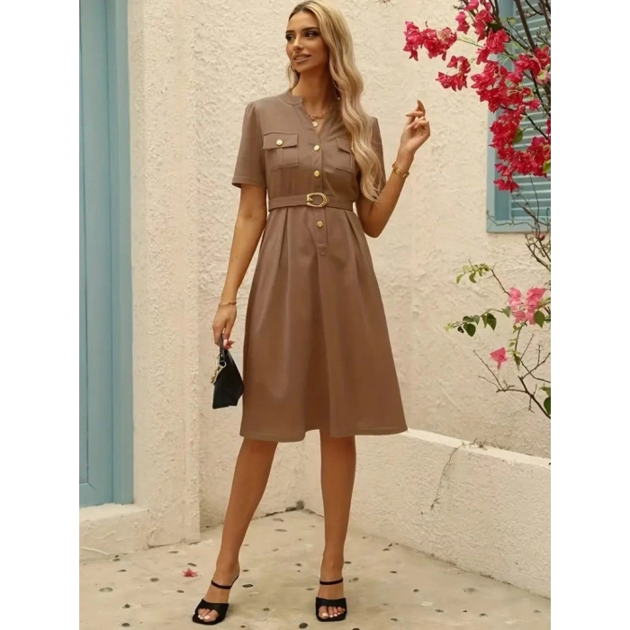 MARSiLYAN- Kadın Kısa Kollu Düğmeli Ve Kemerli Atlas Elbise