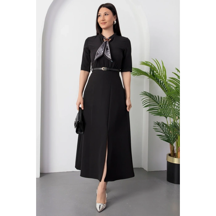 MARSiLYAN- Kadın Kısa Kollu Fular Ve Kemer Detay önden Yırtmaçlı Maxi Boy Elbise