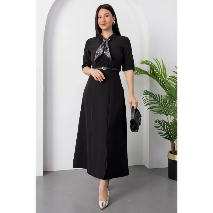 MARSiLYAN- Kadın Kısa Kollu Fular Ve Kemer Detay önden Yırtmaçlı Maxi Boy Elbise