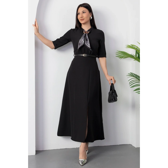 MARSiLYAN- Kadın Kısa Kollu Fular Ve Kemer Detay önden Yırtmaçlı Maxi Boy Elbise