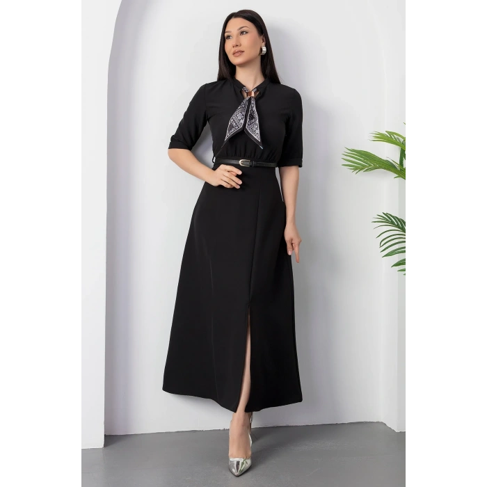 MARSiLYAN- Kadın Kısa Kollu Fular Ve Kemer Detay önden Yırtmaçlı Maxi Boy Elbise