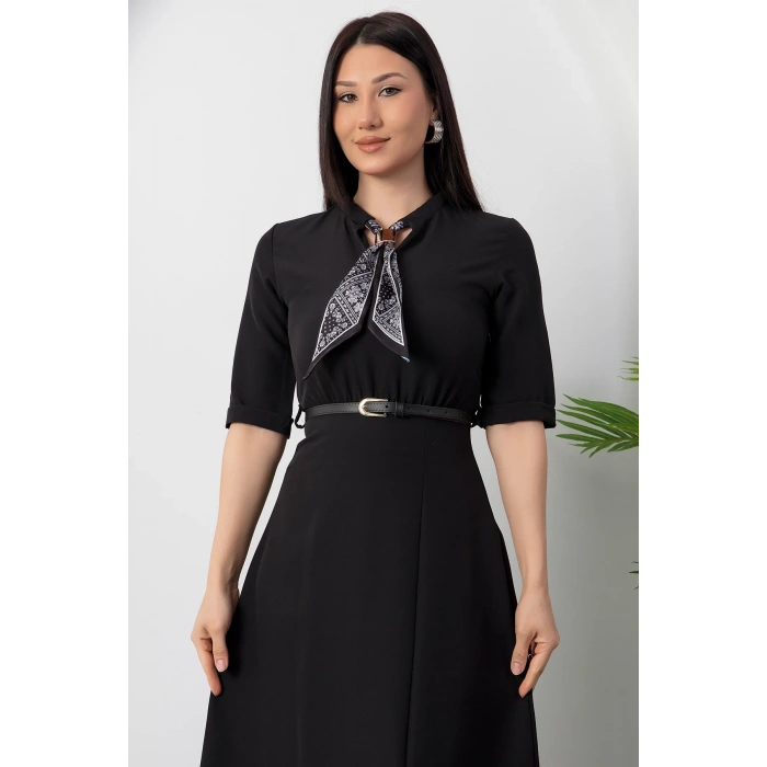 MARSiLYAN- Kadın Kısa Kollu Fular Ve Kemer Detay önden Yırtmaçlı Maxi Boy Elbise