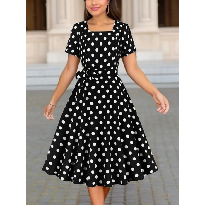 MARSiLYAN- Kadın Kısa Kollu Geometrik Yaka Puantiyeli Kiloş Midi Süprem Elbise