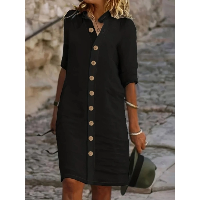 MARSiLYAN- Kadın Kısa Kollu Hakim Yaka önden Düğmeli Kısa Müslim Elbise