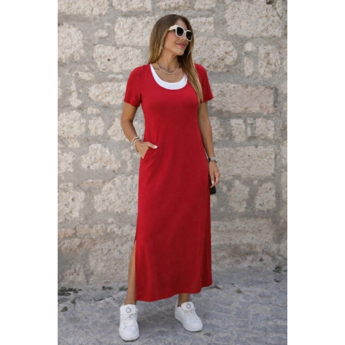 MARSiLYAN- Kadın Kısa Kollu Içi Atlet Görünümlü Yandan Yırtmaçlı Uzun Viskon Elbise