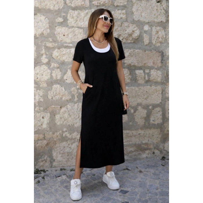 MARSiLYAN- Kadın Kısa Kollu Içi Atlet Görünümlü Yandan Yırtmaçlı Uzun Viskon Elbise