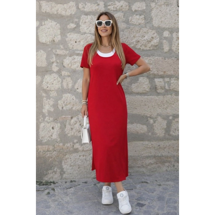 MARSiLYAN- Kadın Kısa Kollu Içi Atlet Görünümlü Yandan Yırtmaçlı Uzun Viskon Elbise