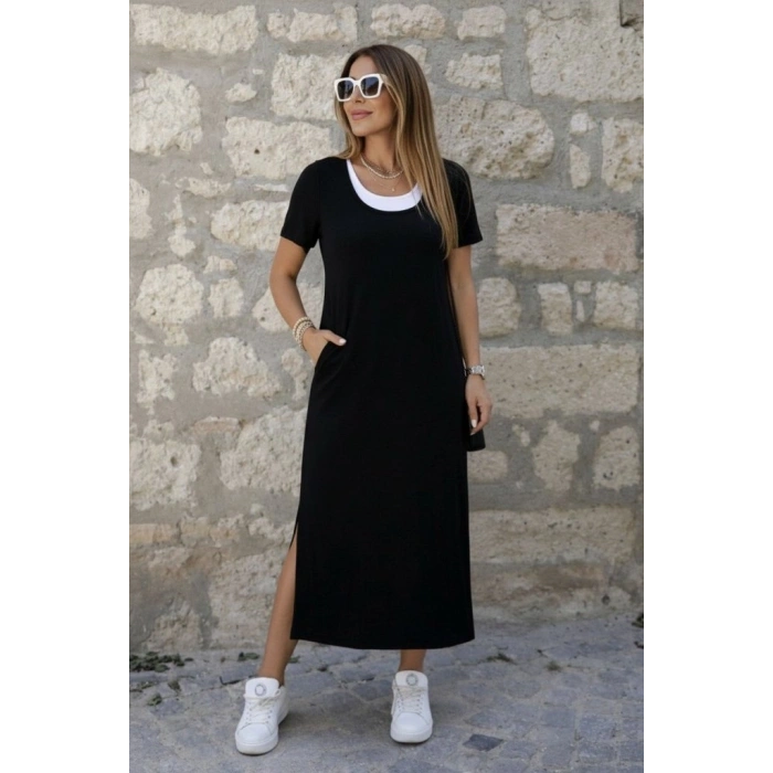 MARSiLYAN- Kadın Kısa Kollu Içi Atlet Görünümlü Yandan Yırtmaçlı Uzun Viskon Elbise