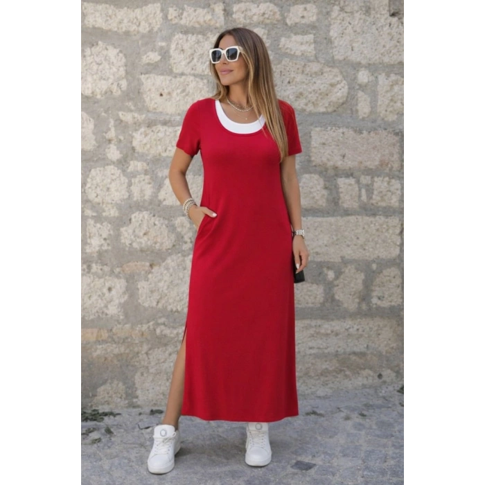 MARSiLYAN- Kadın Kısa Kollu Içi Atlet Görünümlü Yandan Yırtmaçlı Uzun Viskon Elbise