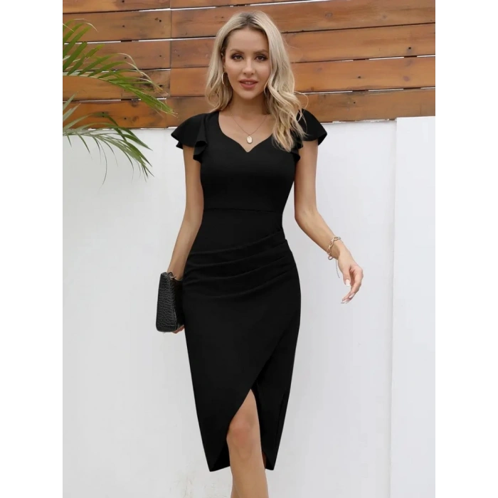 MARSiLYAN- Kadın Kısa Kollu Kalp Yaka Yanlardan Büzgü Detay Midi Janjan Krep Elbise