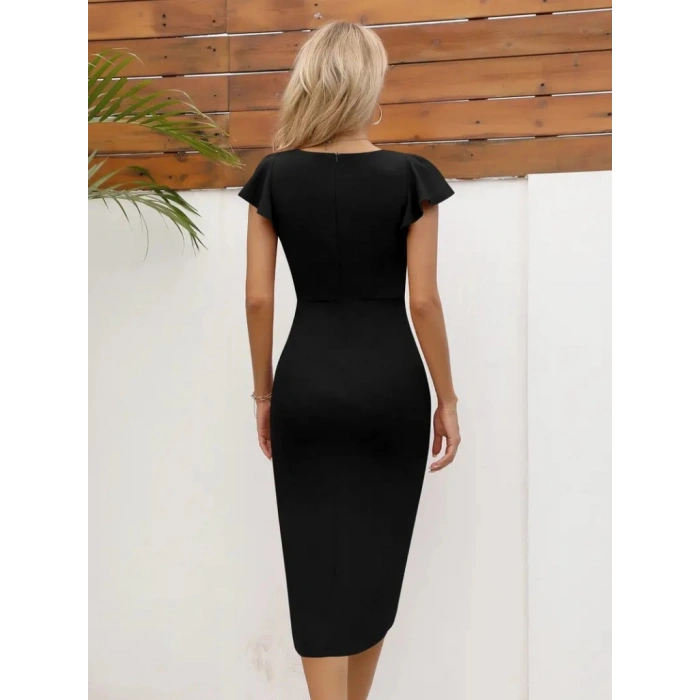 MARSiLYAN- Kadın Kısa Kollu Kalp Yaka Yanlardan Büzgü Detay Midi Janjan Krep Elbise