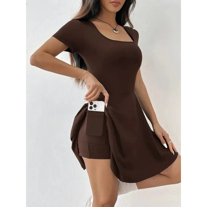 MARSiLYAN- Kadın Kısa Kollu Kare Yaka Short Detaylı Cepli Dalgıç Elbise