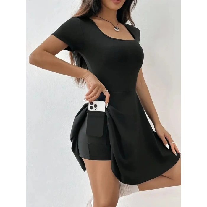 MARSiLYAN- Kadın Kısa Kollu Kare Yaka Short Detaylı Cepli Dalgıç Elbise