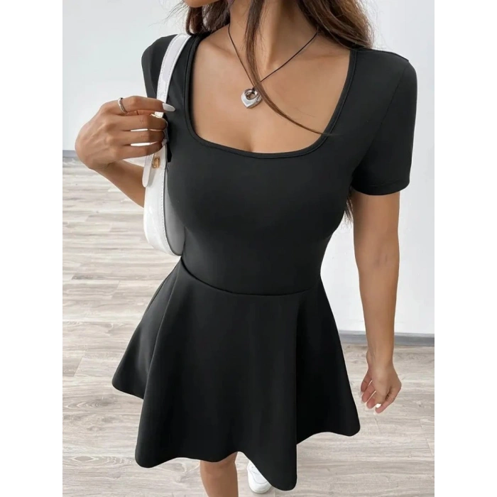 MARSiLYAN- Kadın Kısa Kollu Kare Yaka Short Detaylı Cepli Dalgıç Elbise