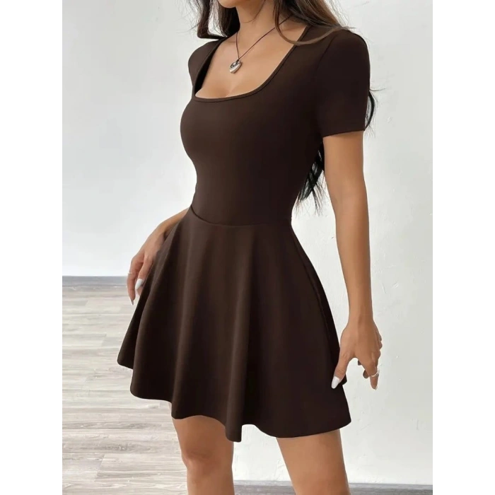 MARSiLYAN- Kadın Kısa Kollu Kare Yaka Short Detaylı Cepli Dalgıç Elbise