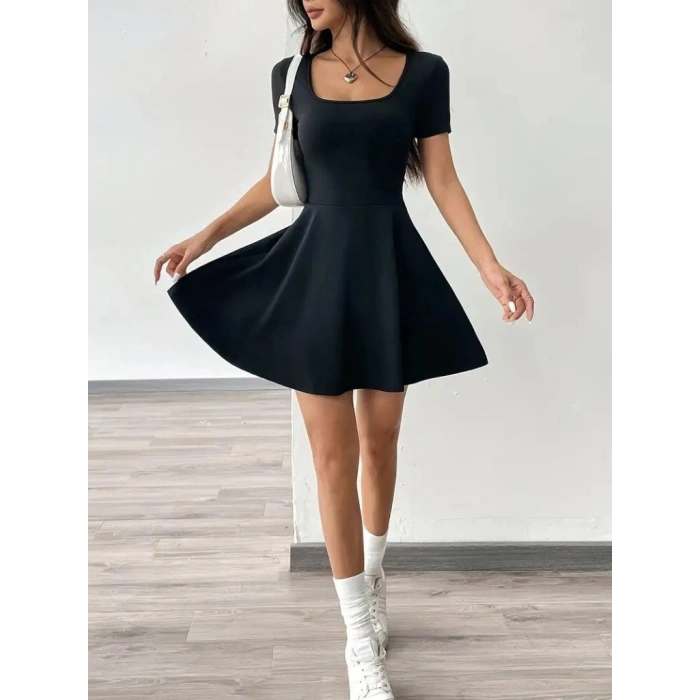 MARSiLYAN- Kadın Kısa Kollu Kare Yaka Short Detaylı Cepli Dalgıç Elbise