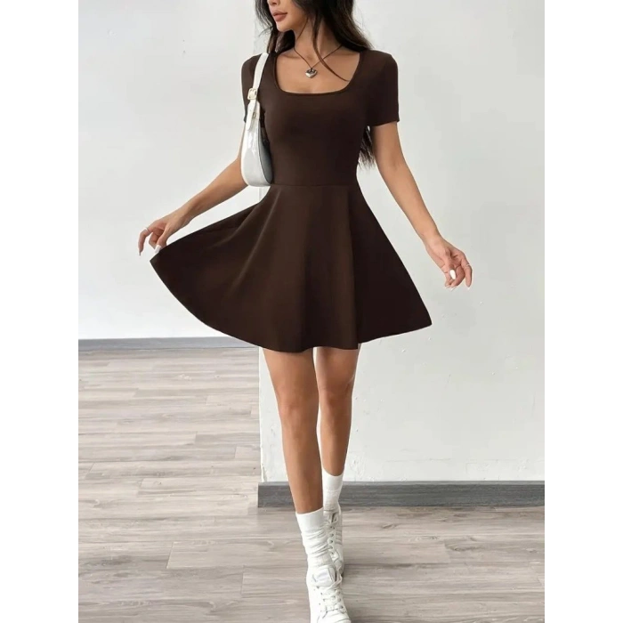 MARSiLYAN- Kadın Kısa Kollu Kare Yaka Short Detaylı Cepli Dalgıç Elbise